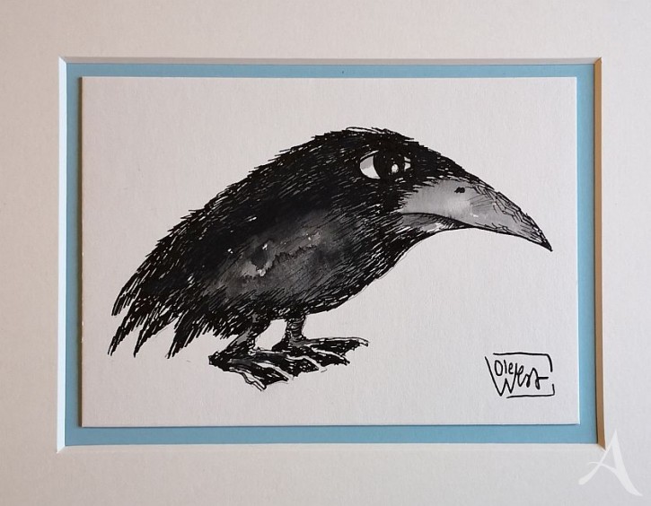 Kleine Original-Zeichnung "VOGEL" - fertig gerahmt - Passepartout  - Holzrahmen - 24 x 30