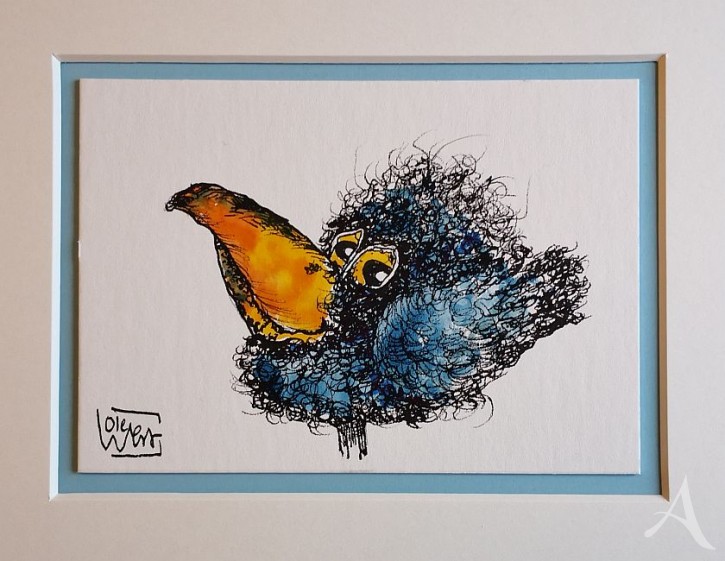 Kleine Original-Zeichnung "VOGEL" - fertig gerahmt - Passepartout  - Holzrahmen - 24 x 30