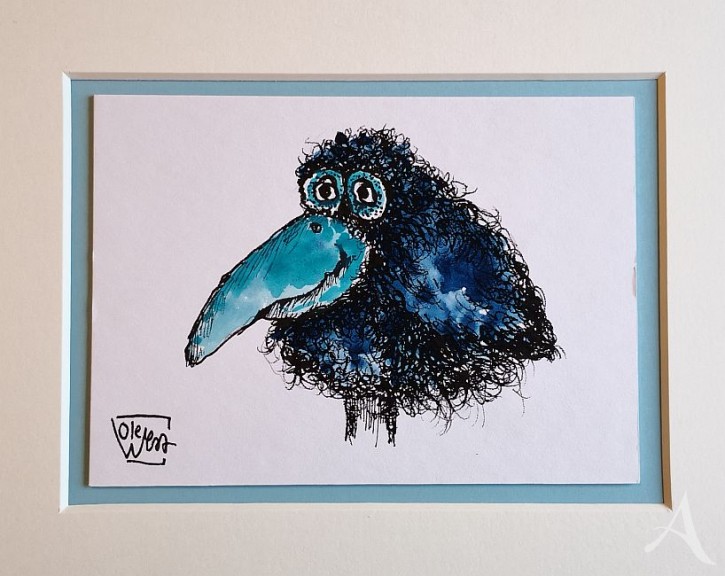 Kleine Original-Zeichnung "VOGEL" - fertig gerahmt - Passepartout  - Holzrahmen - 24 x 30