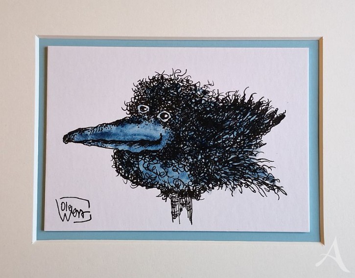 Kleine Original-Zeichnung "VOGEL" - fertig gerahmt - Passepartout  - Holzrahmen - 24 x 30