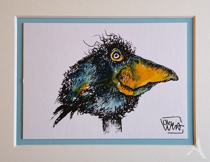 Kleine Original-Zeichnung "VOGEL" - fertig gerahmt - Passepartout  - Holzrahmen - 24 x 30