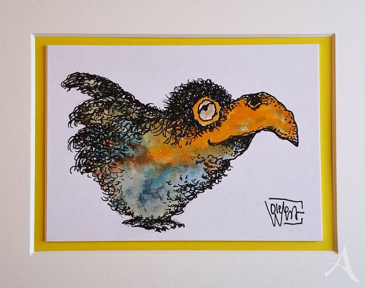 Kleine Original-Zeichnung "VOGEL" - fertig gerahmt - Passepartout  - Holzrahmen - 24 x 30