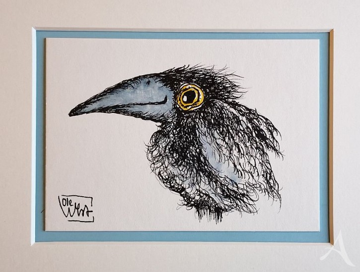 Kleine Original-Zeichnung "VOGEL" - fertig gerahmt - Passepartout  - Holzrahmen - 24 x 30