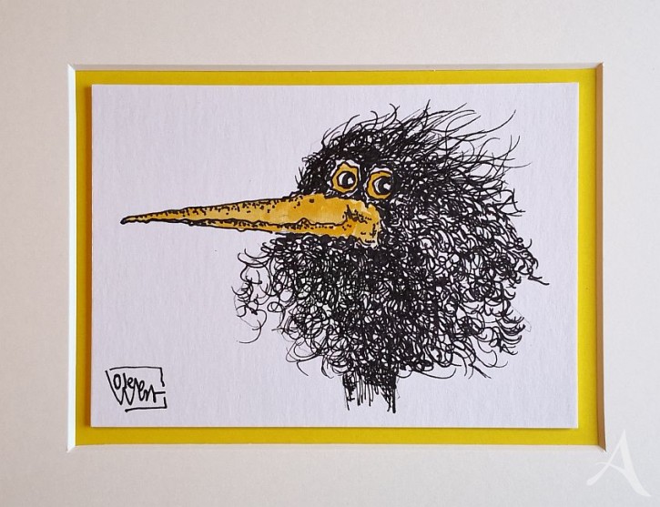 Kleine Original-Zeichnung "VOGEL" - fertig gerahmt - Passepartout  - Holzrahmen - 24 x 30