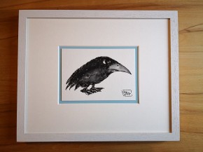 Kleine Original-Zeichnung "VOGEL" - fertig gerahmt - Passepartout  - Holzrahmen - 24 x 30