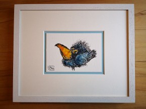 Kleine Original-Zeichnung "VOGEL" - fertig gerahmt - Passepartout  - Holzrahmen - 24 x 30