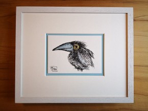 Kleine Original-Zeichnung "VOGEL" - fertig gerahmt - Passepartout  - Holzrahmen - 24 x 30